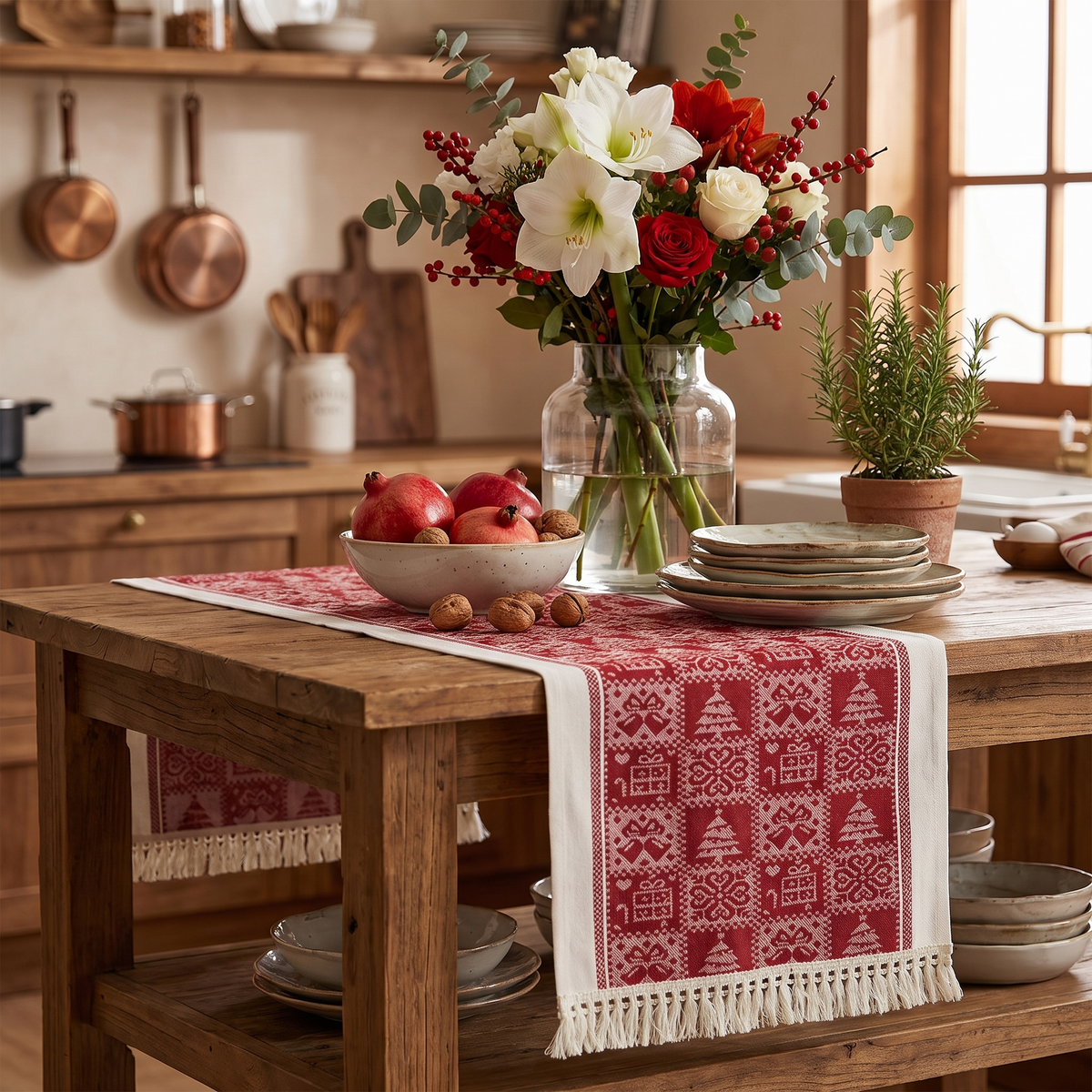 Christmas Elk Table Runner – styled on a sideboard