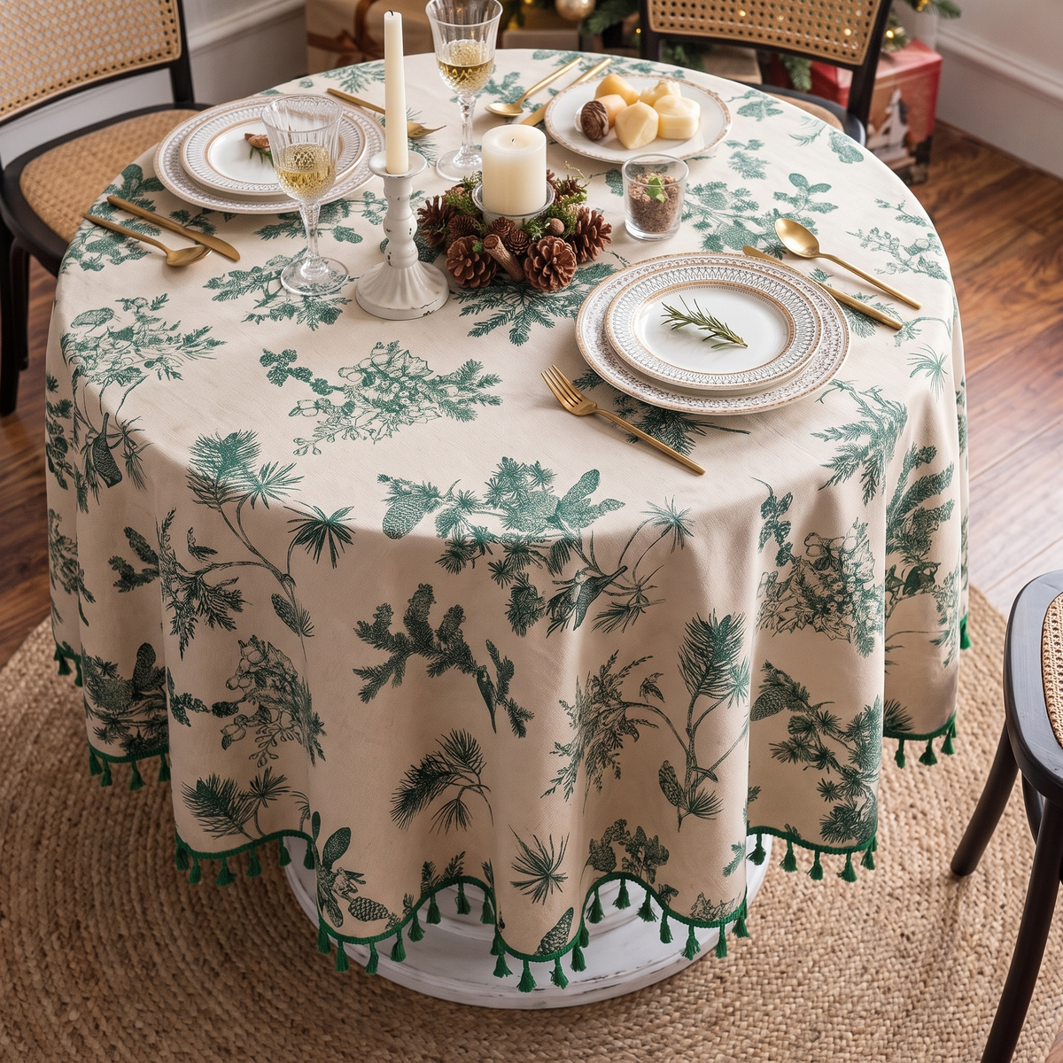 Pine Cone Print Round Christmas Tablecloth – full table from above