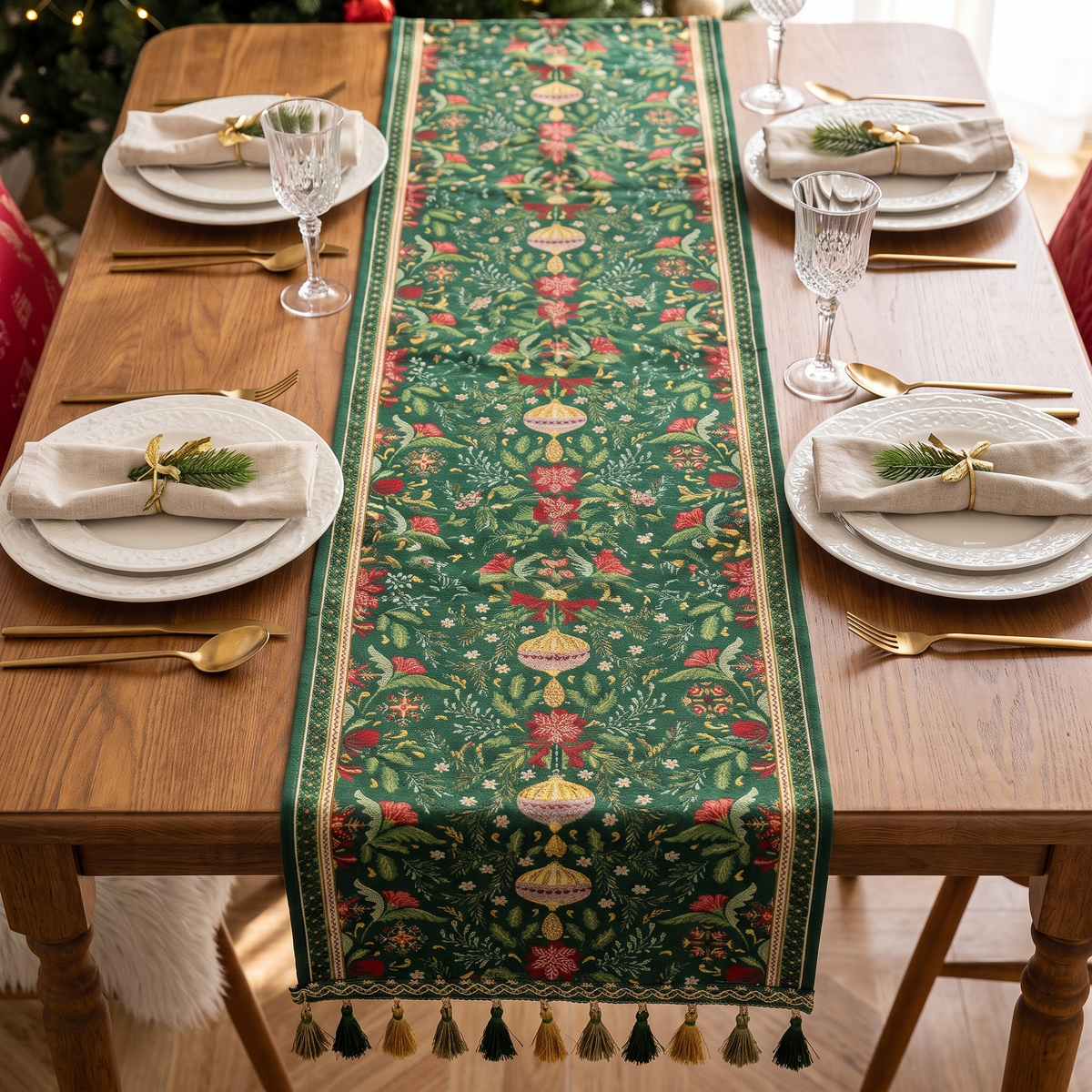Botanical Tapestry Christmas Table Runner – full table from above