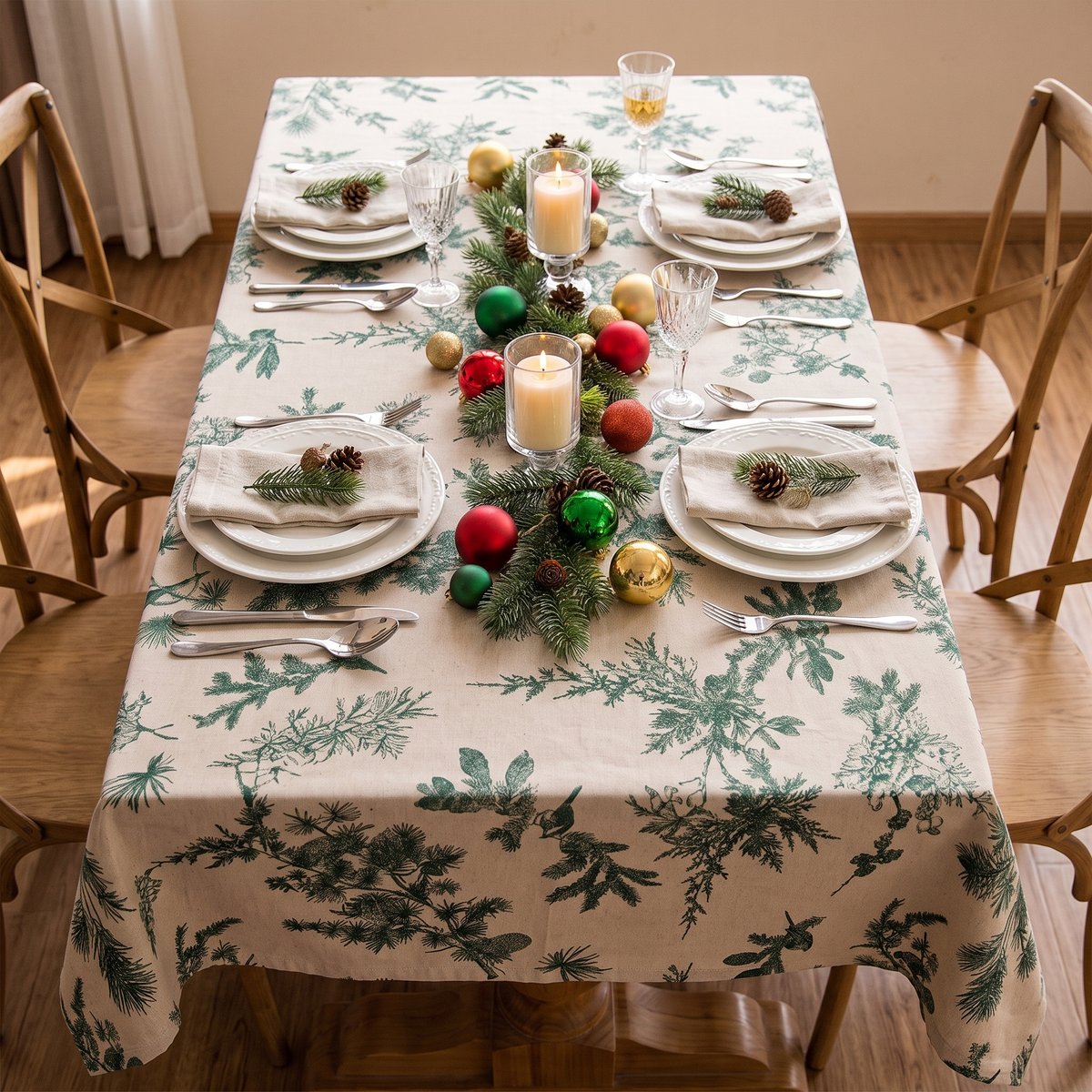 Pine Grove Cotton Christmas Tablecloth – full table from above