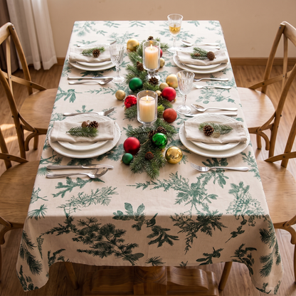 Pine Grove Cotton Christmas Tablecloth – full table from above