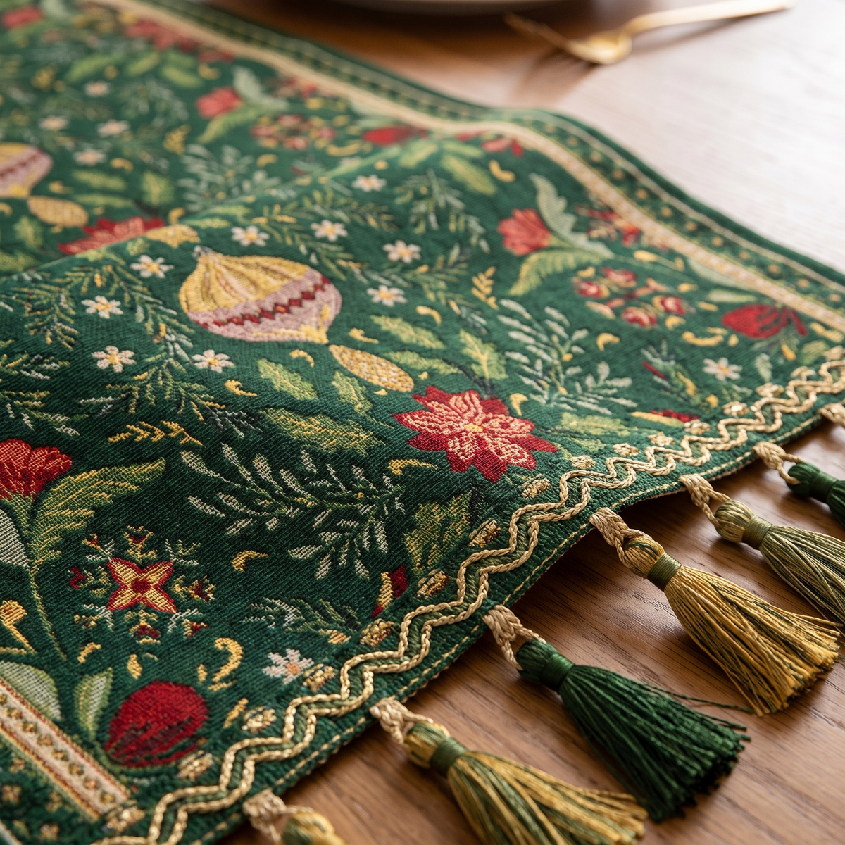 Botanical Tapestry Christmas Table Runner – fabric and edge close-up