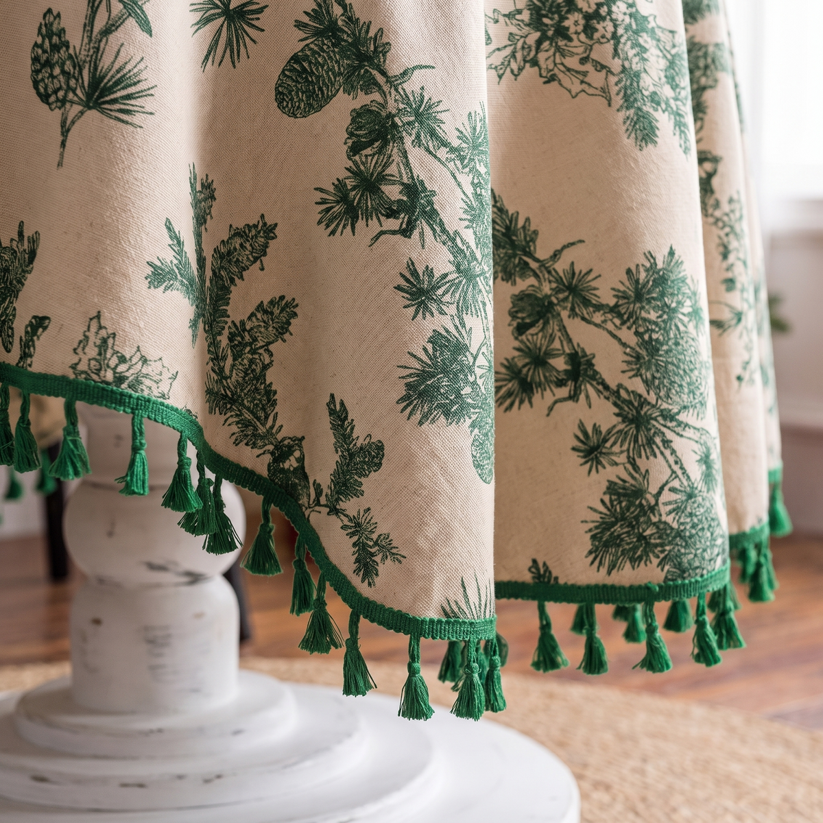 Pine Cone Print Round Christmas Tablecloth – fabric and edge close-up