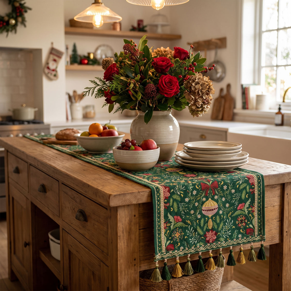 Botanical Tapestry Christmas Table Runner – styled on a sideboard