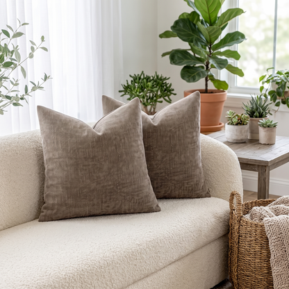 Textured Chenille Cushion Cover – Taupe Grey – styled on a sofa