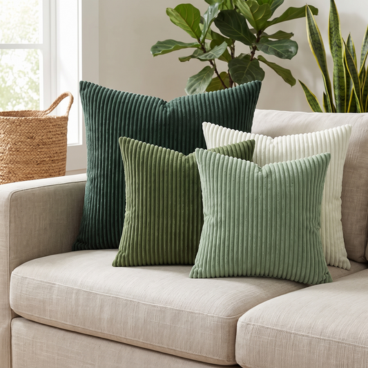 Forest Green Corduroy Cushion Covers – Set of 4 – full set styled on a sofa