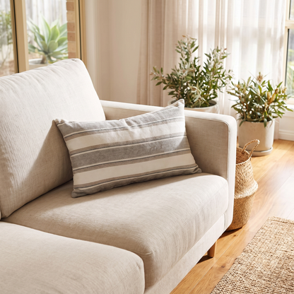 Multi-Stripe Linen-Look Lumbar Cushion Cover – Grey – styled on a sofa