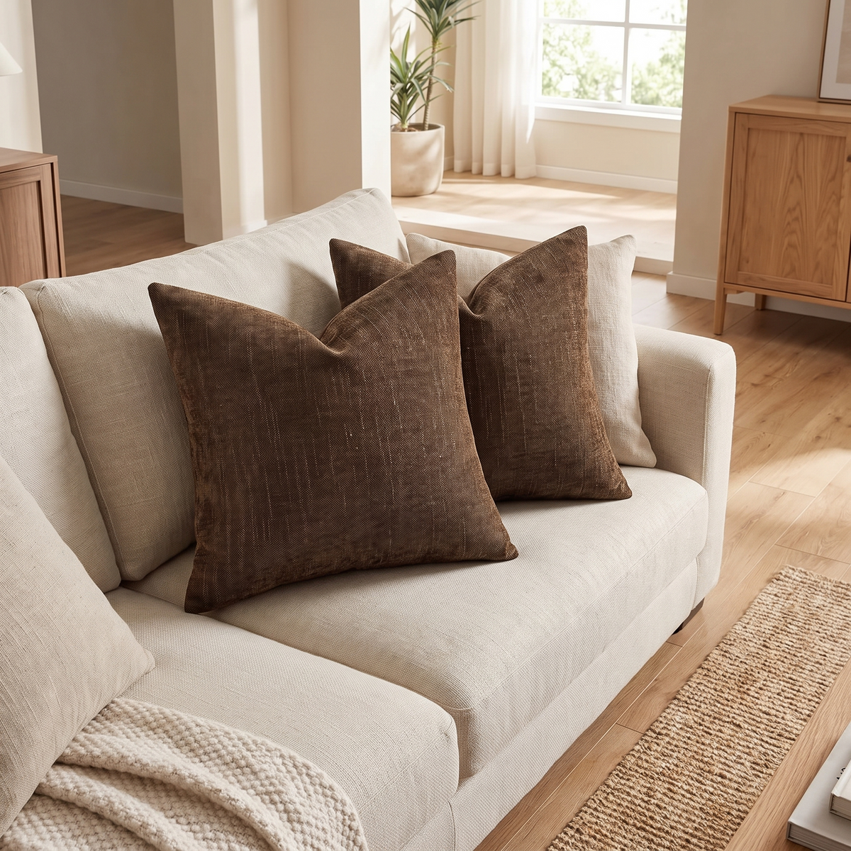 Solid Chenille Cushion Cover – Brown – styled on a sofa