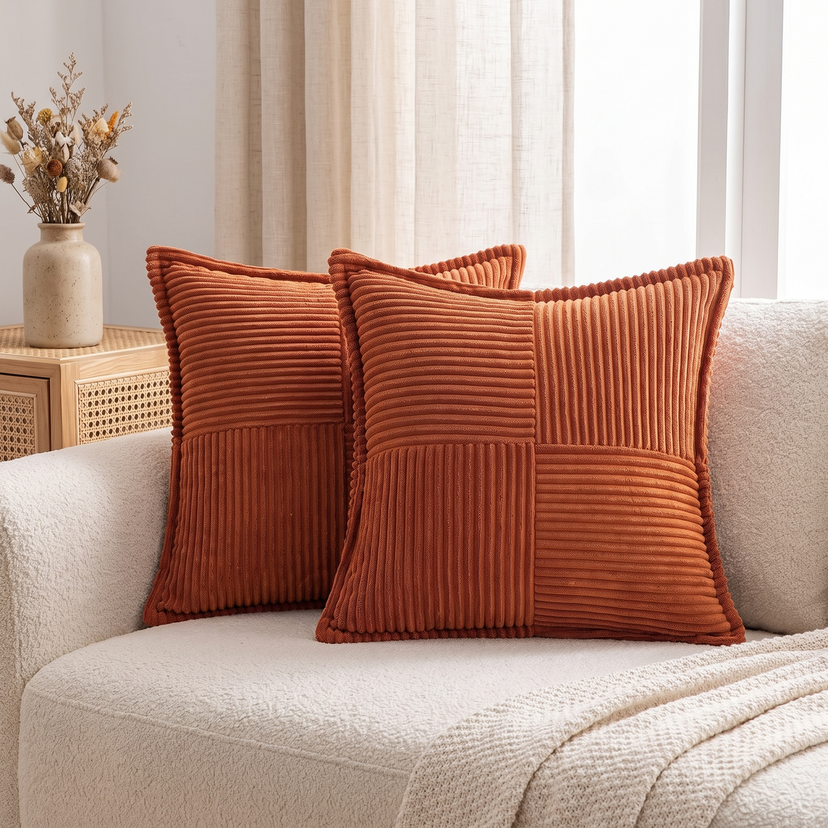 Boho Striped Corduroy Cushion Cover – Rust – styled on a sofa