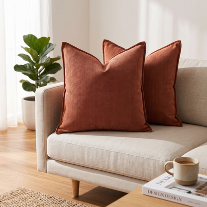 Textured Chenille Cushion Cover – Burnt Orange – styled on a sofa