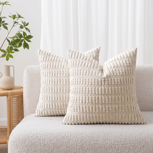 Striped Corduroy Cushion Cover – Cream White – styled on a sofa