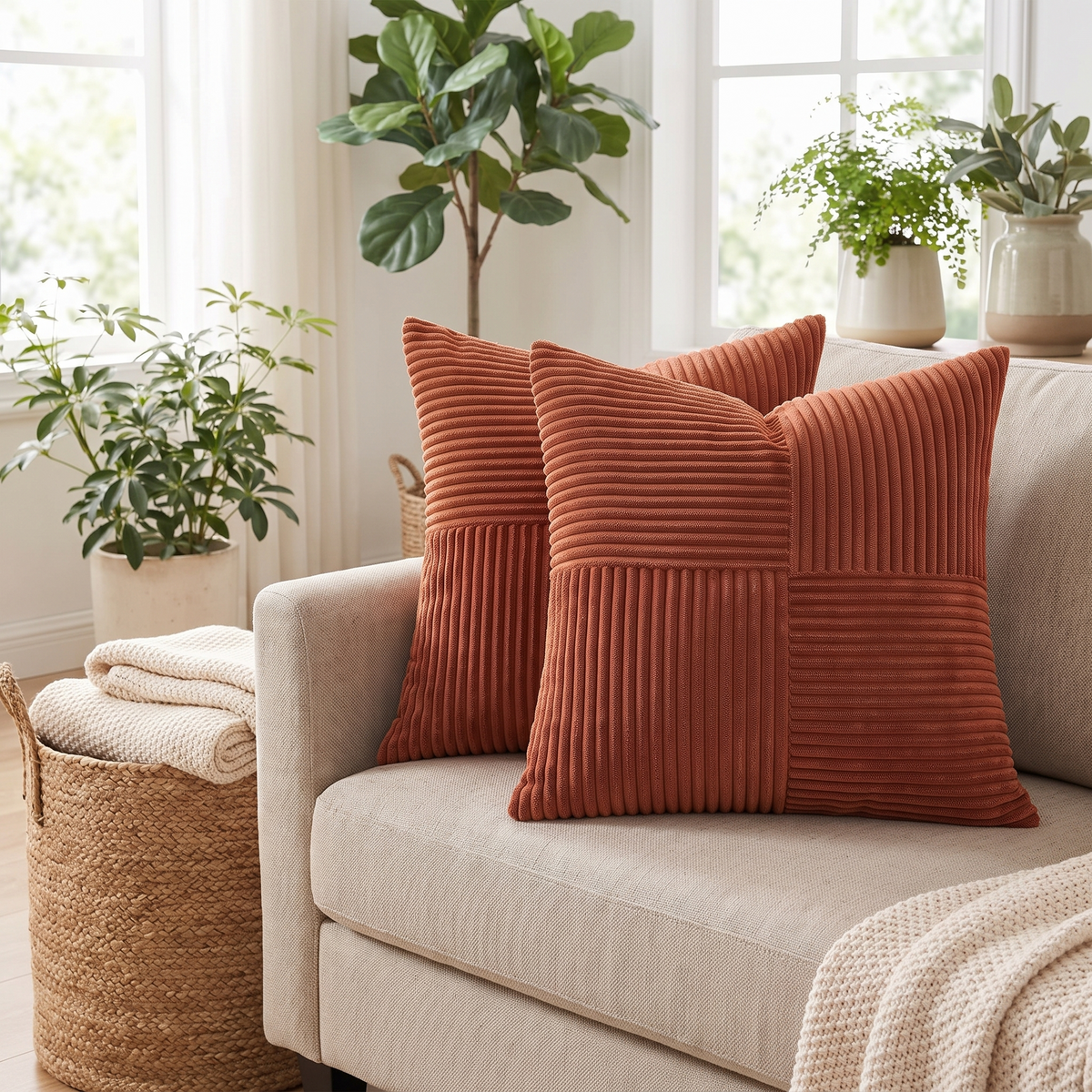 Modern Corduroy Cushion Cover – Rust Red – styled on a sofa