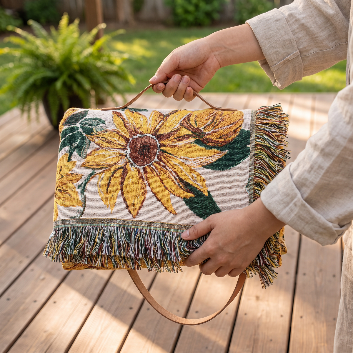 Sun Floral Outdoor Picnic Blanket – folded to carry