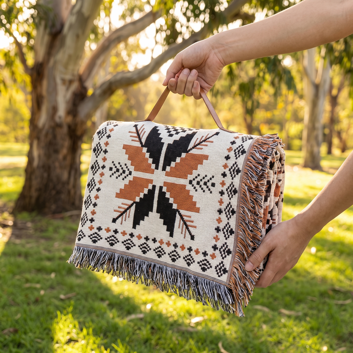 Moroccan Boho Picnic Blanket – folded to carry