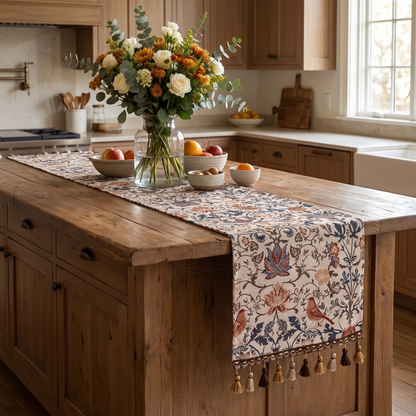 Vintage Floral & Bird Jacquard Table Runner – styled on a sideboard