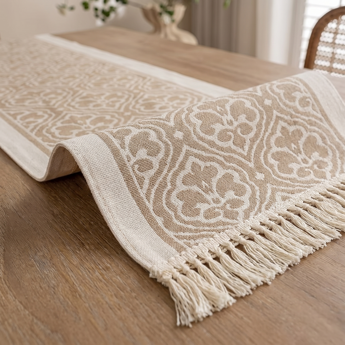 Damask Jacquard Table Runner – Dune – fabric and edge close-up