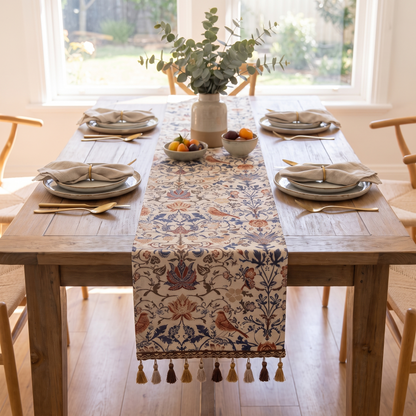 Vintage Floral & Bird Jacquard Table Runner – full table from above
