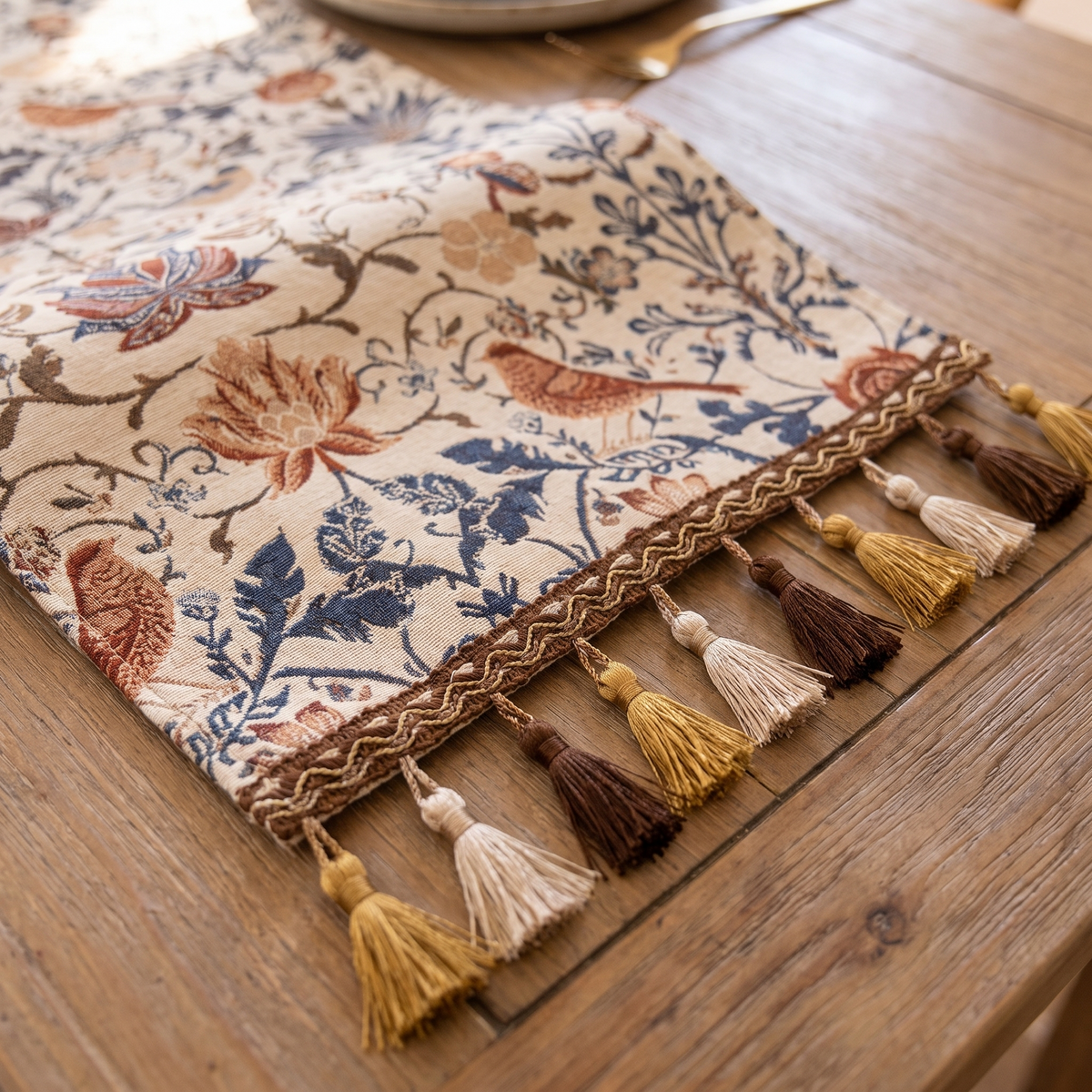 Vintage Floral & Bird Jacquard Table Runner – fabric and edge close-up