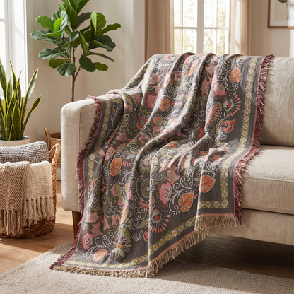 Leaf Print Boho Reversible Cotton Throw Blanket – draped over a sofa