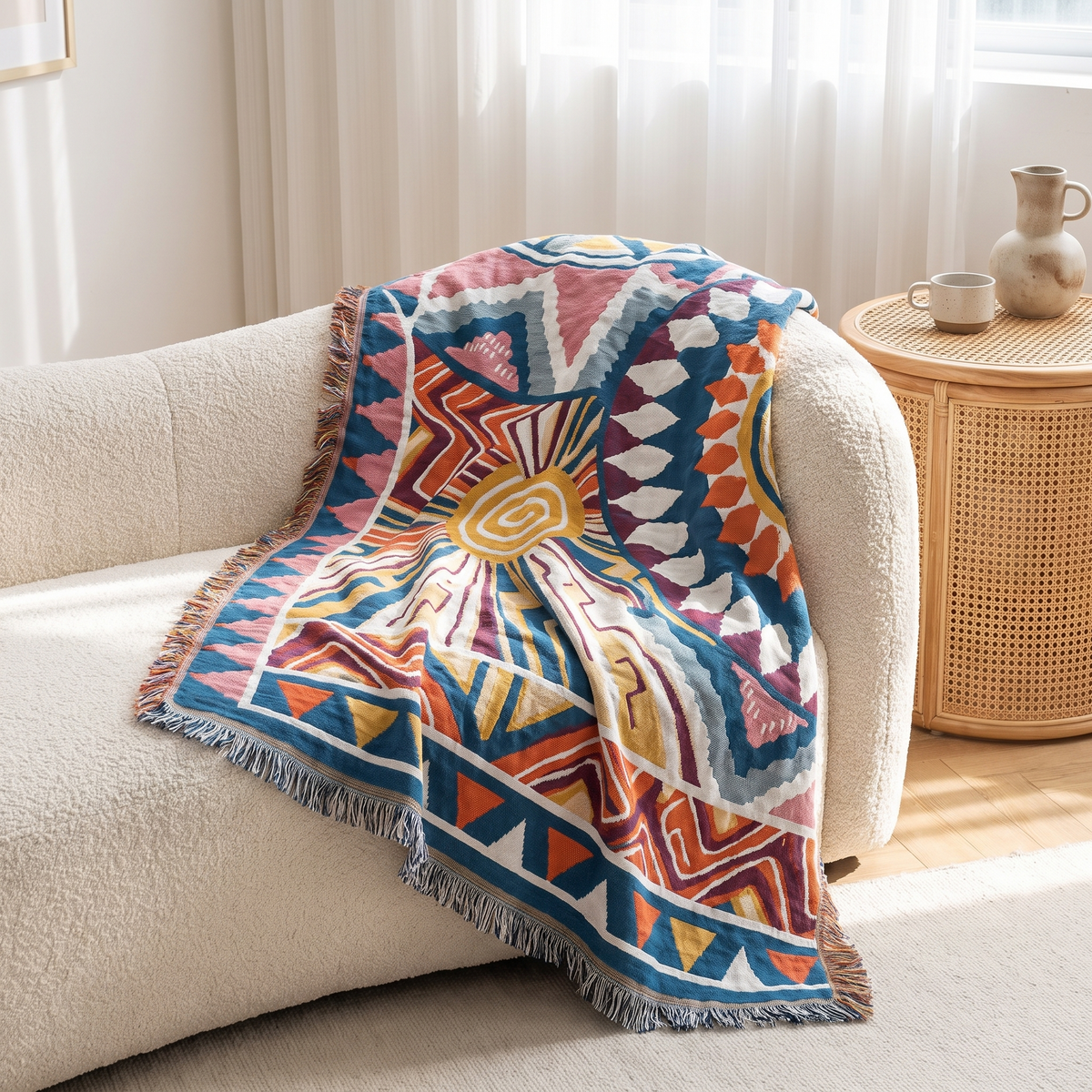 Nordic Sunburst Cotton Throw Blanket – draped over a sofa