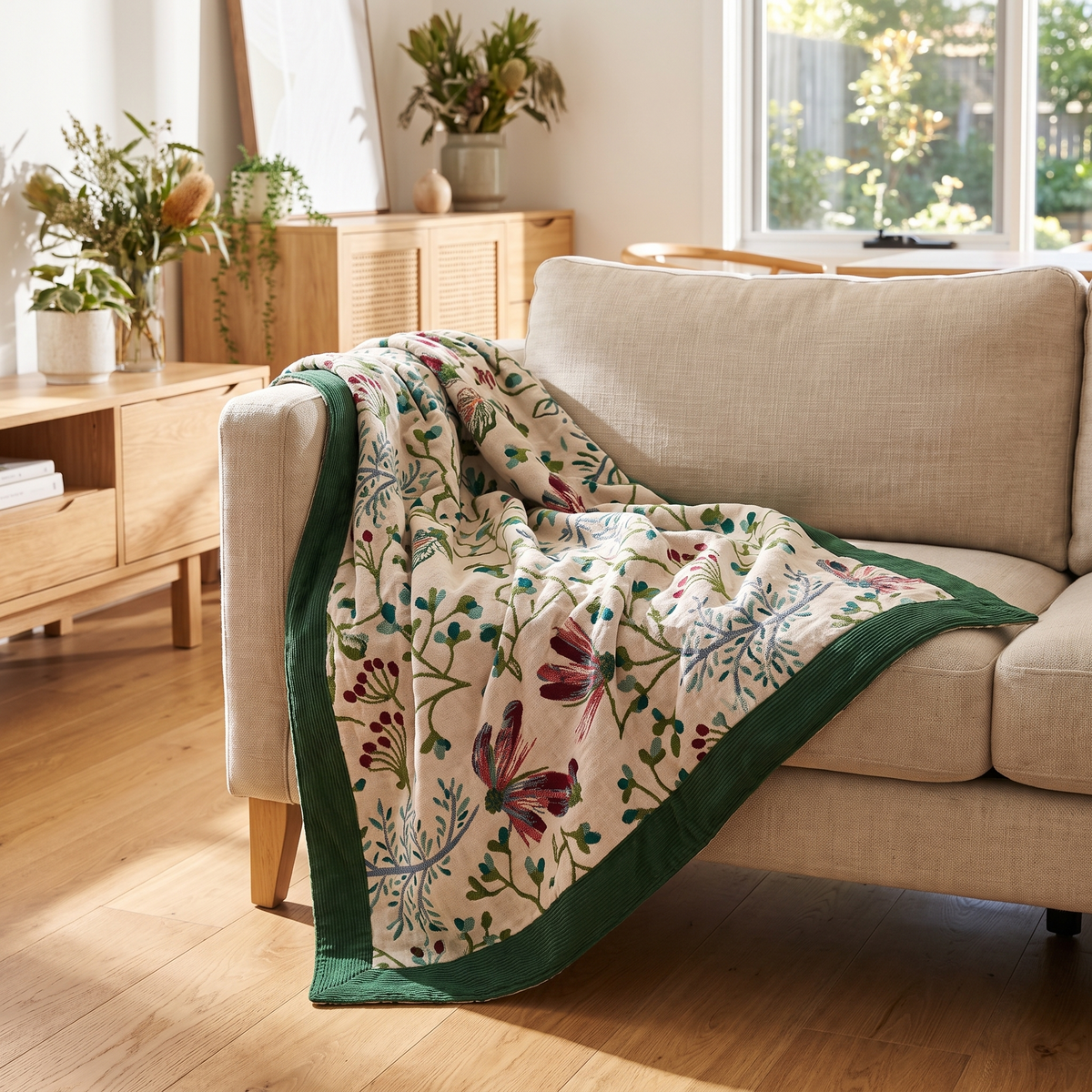 Wildflower Cotton Throw Blanket – draped over a sofa