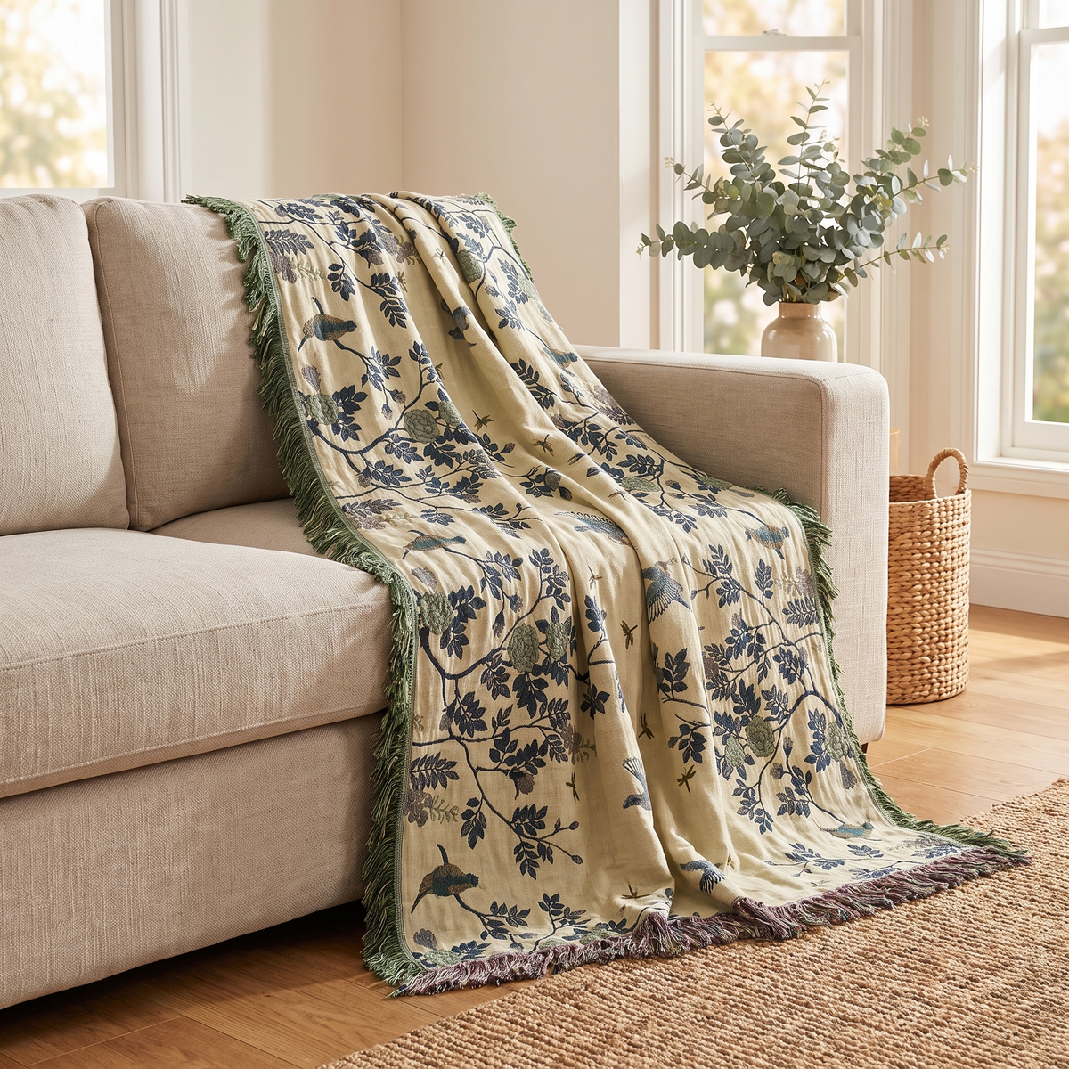 Ornate Multi-Layer Cotton Throw Blanket – draped over a sofa