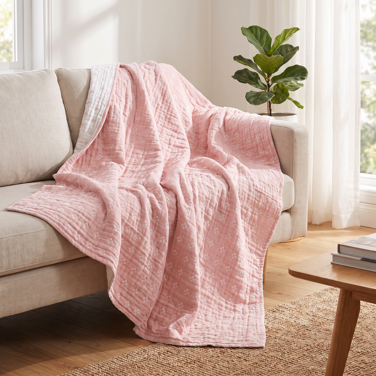 Diamond Dot Cotton Throw Blanket – draped over a sofa