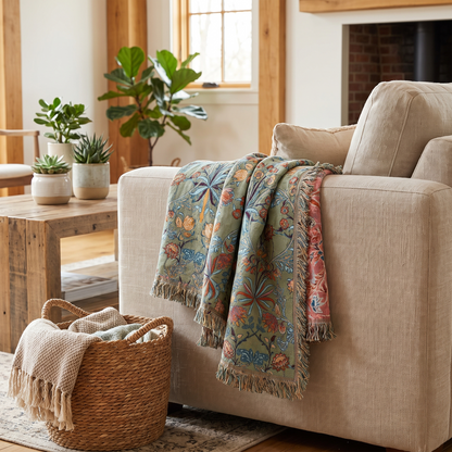 Wild Petal Pure Cotton Reversible Throw Blanket – draped over a sofa