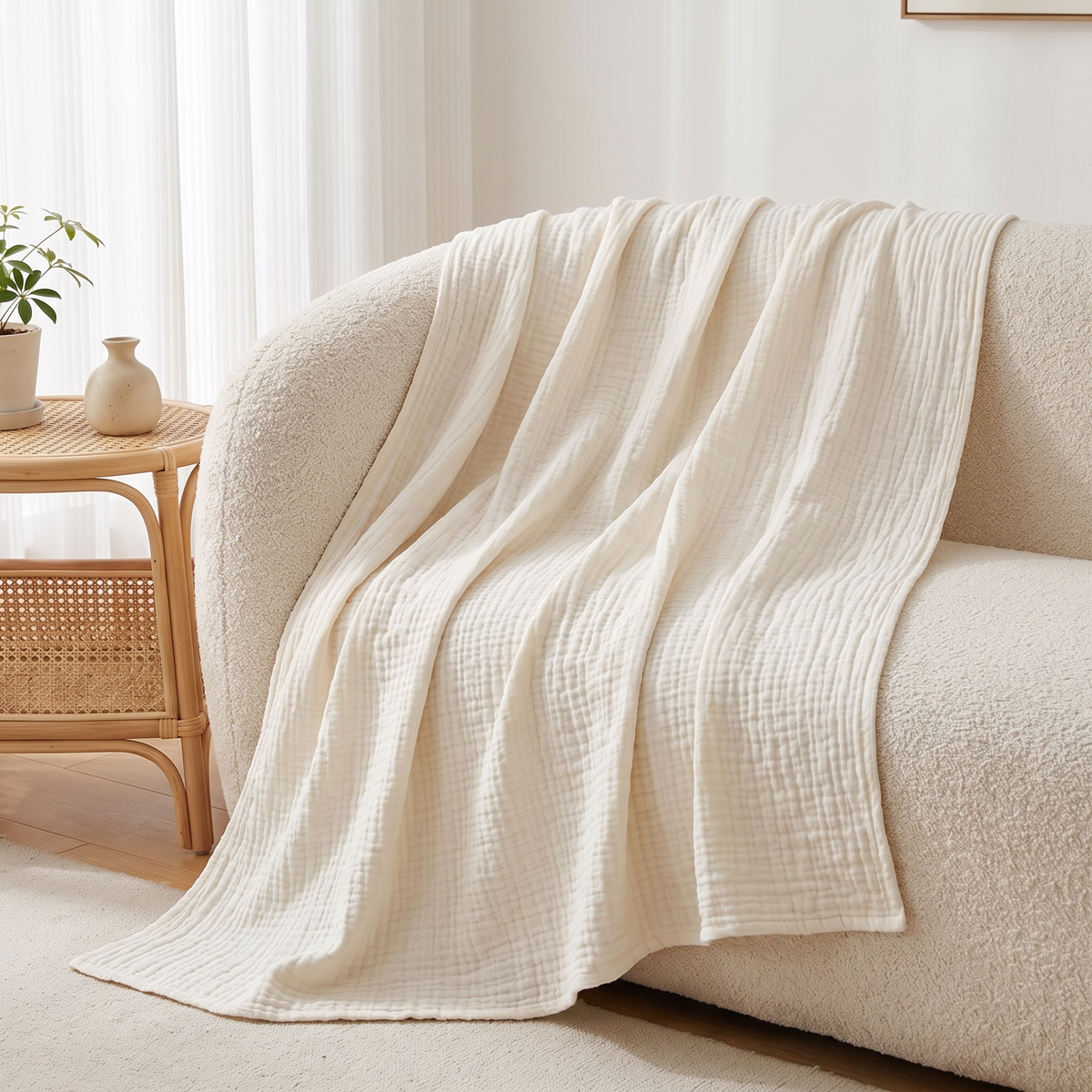 Muslin Cotton Multi-Layer Throw Blanket – draped over a sofa