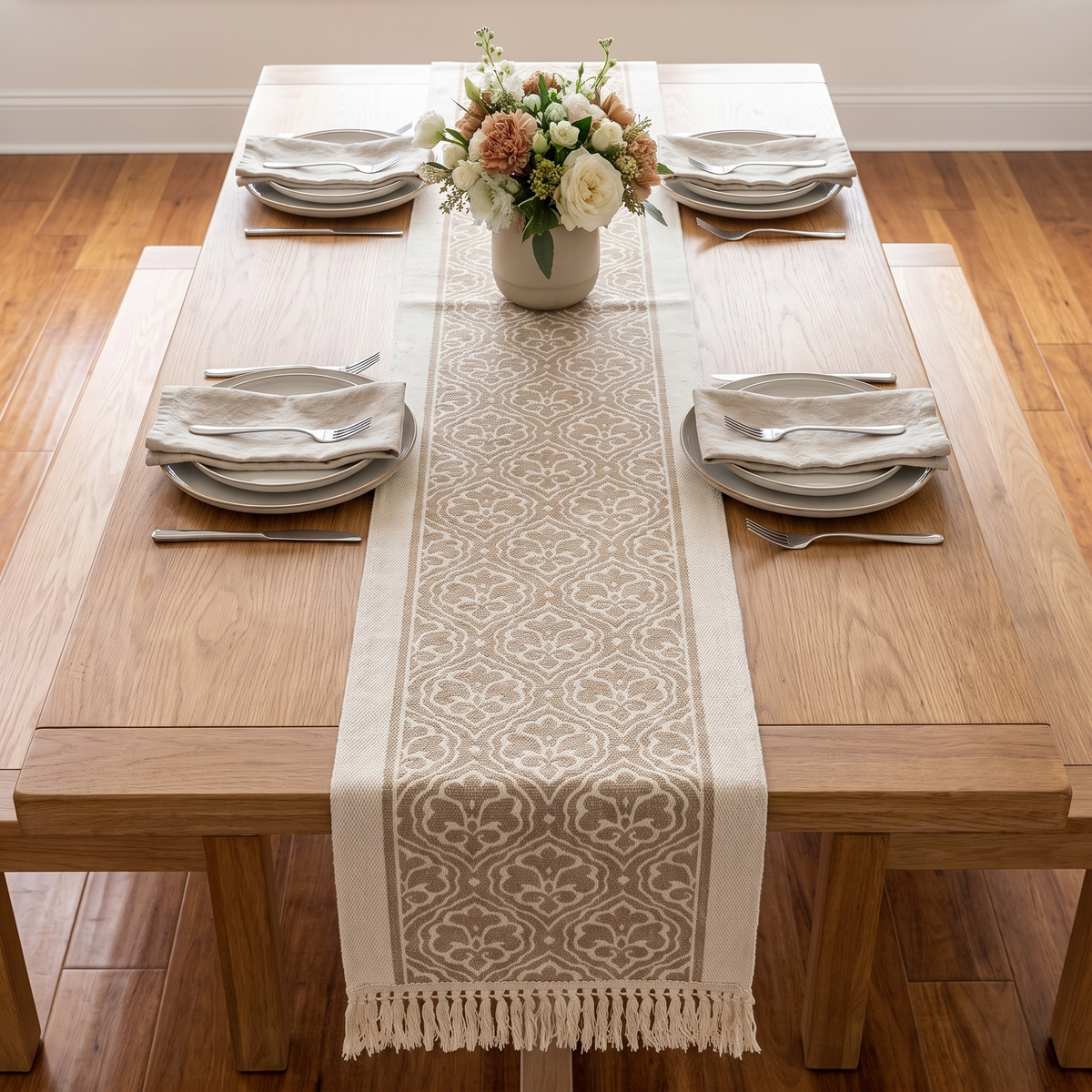 Damask Jacquard Table Runner – Dune – full table from above