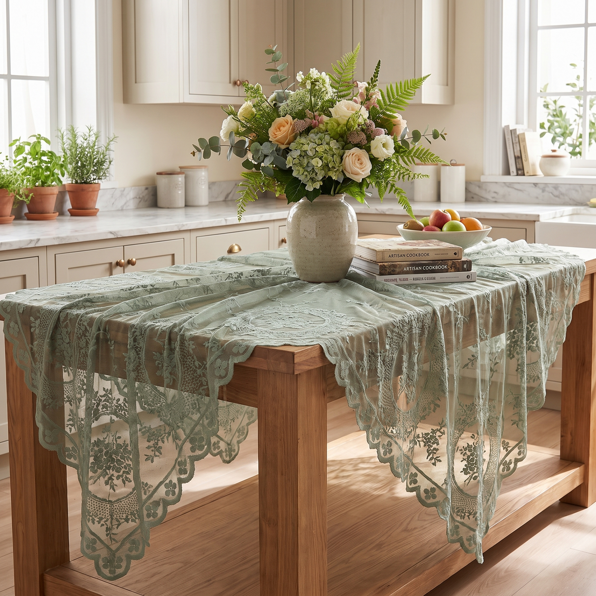 Sheer Lace Round Floral Tablecloth – White – styled on a sideboard