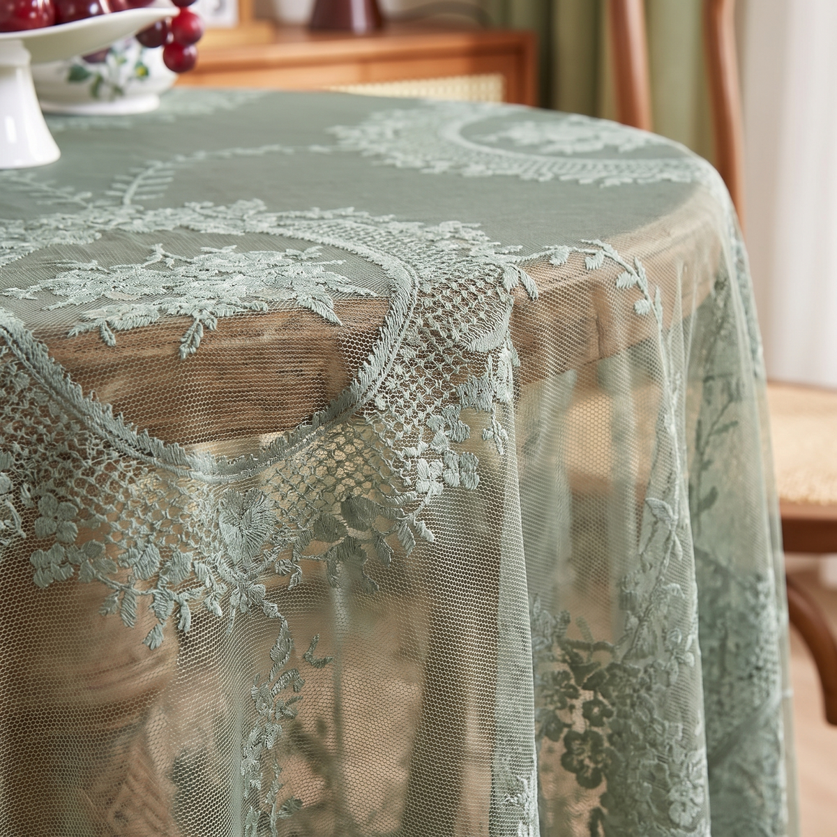 Sheer Lace Round Floral Tablecloth – White – fabric and edge close-up