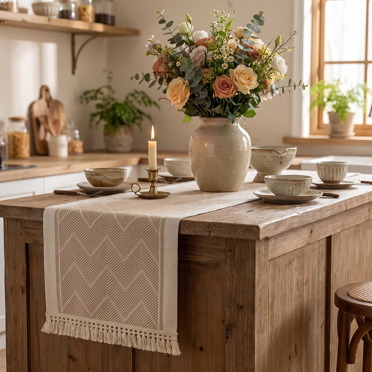 Zigzag Woven Table Runner – Boho – styled on a sideboard