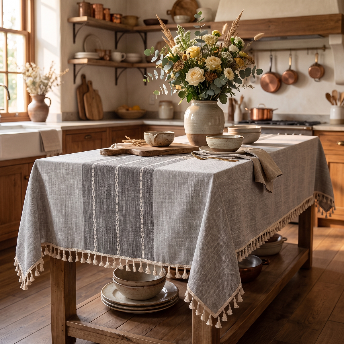 Rustic Farmhouse Tablecloth – styled on a sideboard