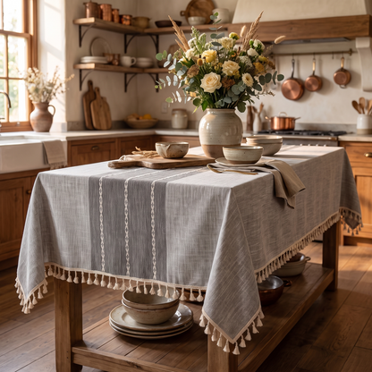 Rustic Farmhouse Tablecloth – styled on a sideboard