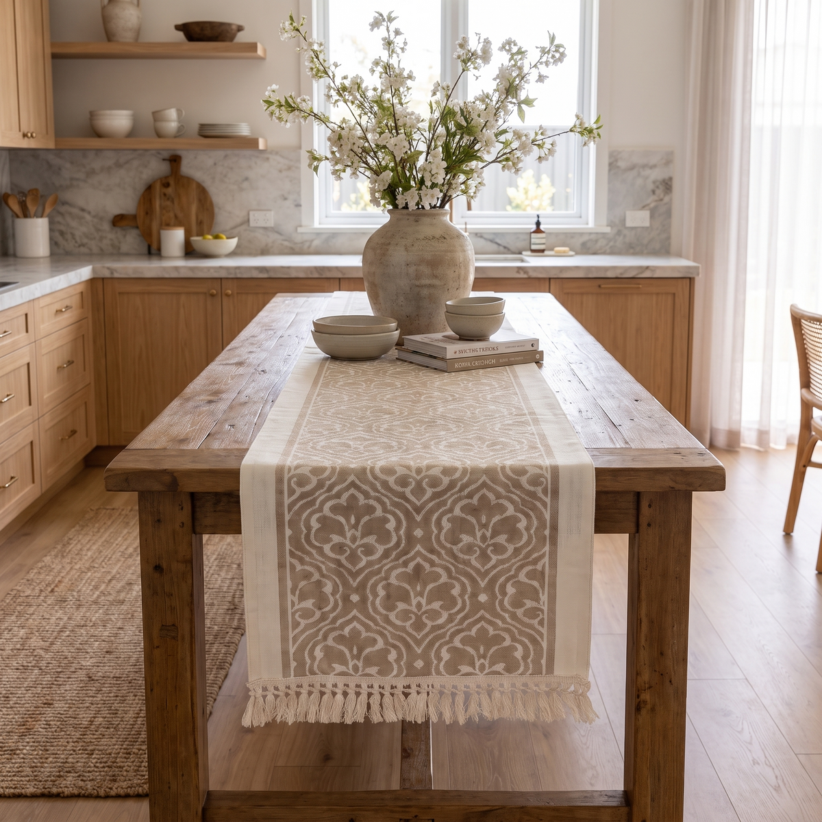 Damask Jacquard Table Runner – Dune – styled on a sideboard