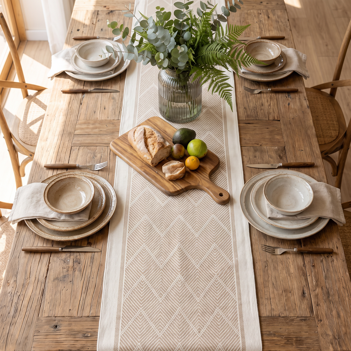 Zigzag Woven Table Runner – Boho – full table from above