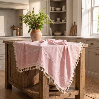 Leafline Embroidered Round Tablecloth – styled on a sideboard