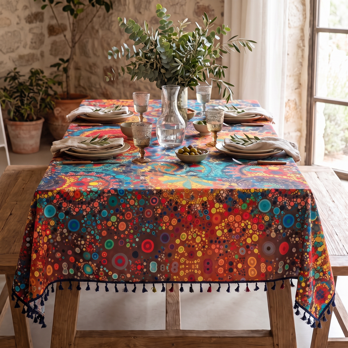 Hypnotic Floral Tassel Tablecloth – full table from above