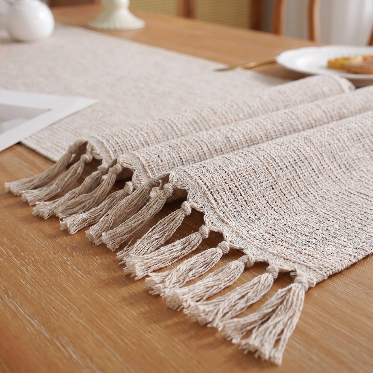 Boho Woven Dining Table Runner – Natural – fabric and edge close-up