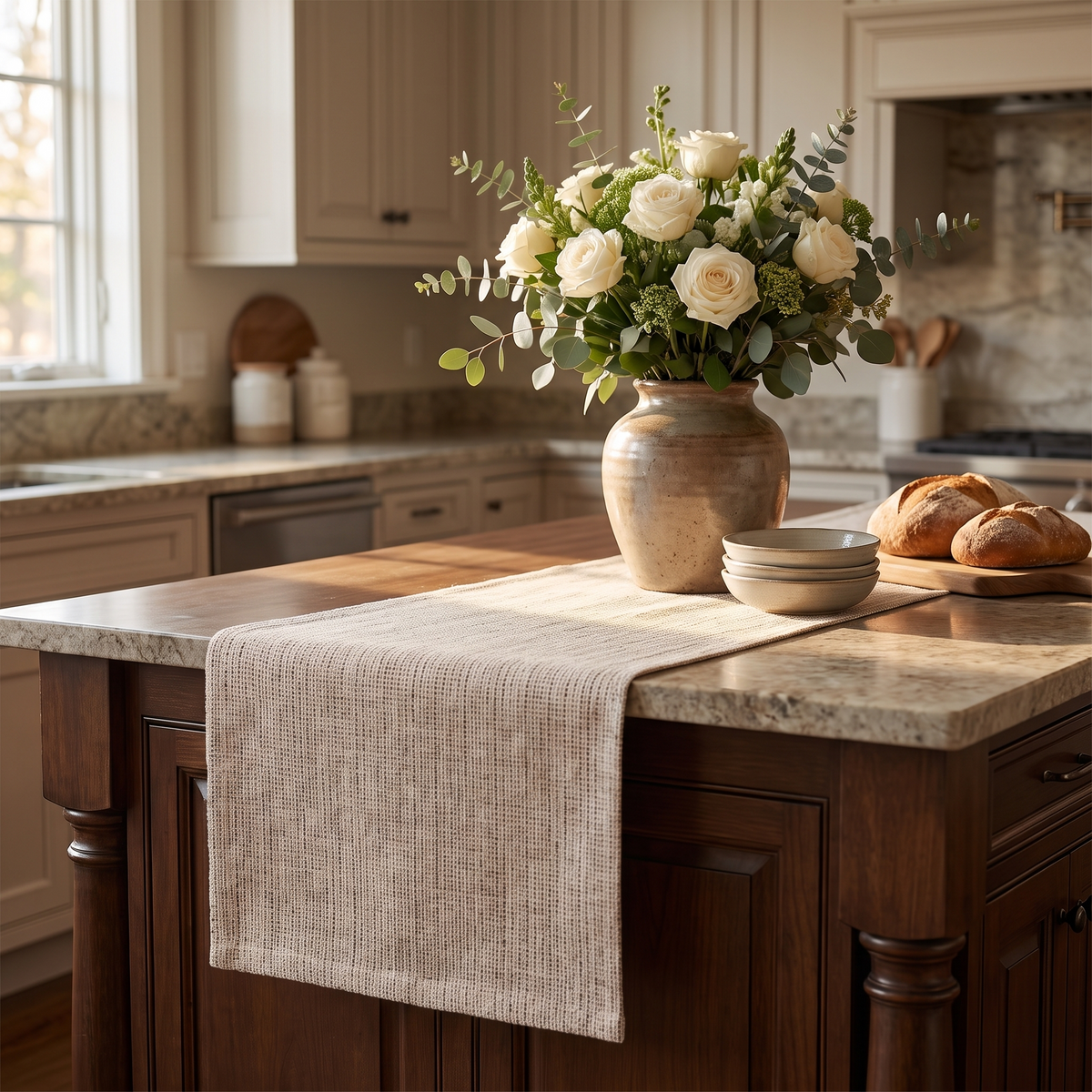 Boho Woven Dining Table Runner – Natural – styled on a sideboard