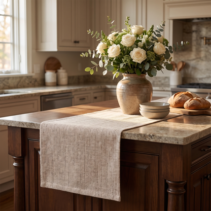 Boho Woven Dining Table Runner – Natural – styled on a sideboard