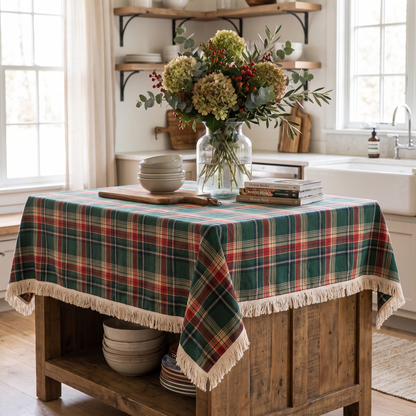 Vintage Plaid Round Christmas Tablecloth – styled on a sideboard