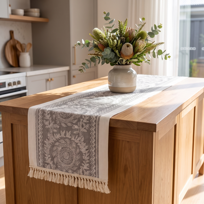Luxury Linen Table Runner – Leona – styled on a sideboard