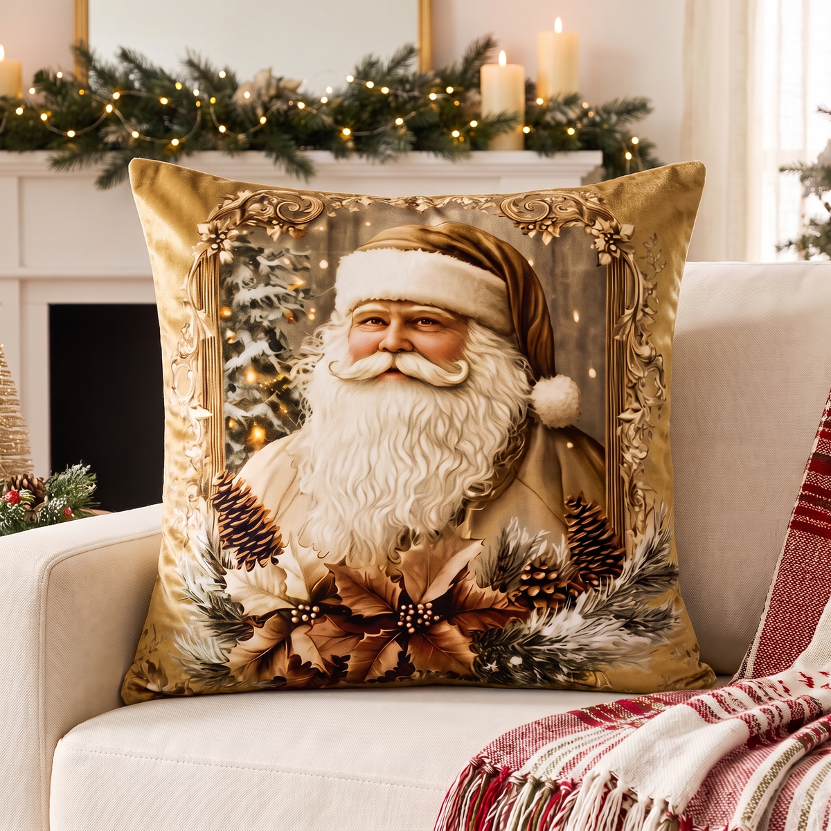 Golden Velvet Christmas Cushion Cover – pattern and fabric close-up