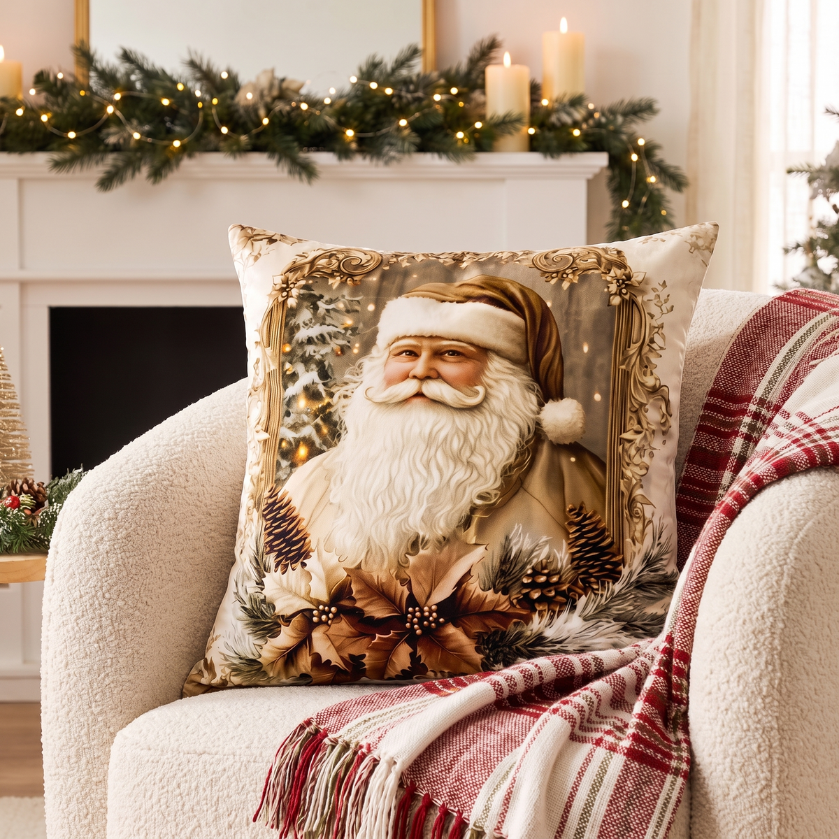 Golden Velvet Christmas Cushion Cover – styled on an armchair