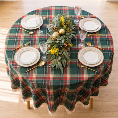 Vintage Plaid Round Christmas Tablecloth – full table from above