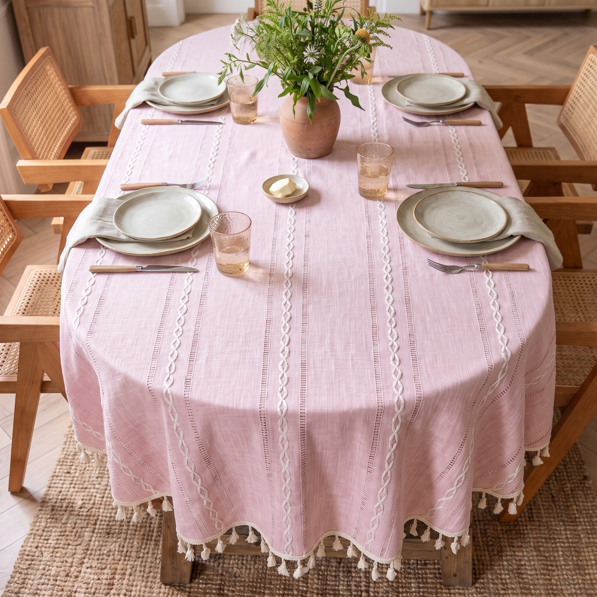 Leafline Embroidered Round Tablecloth – full table from above