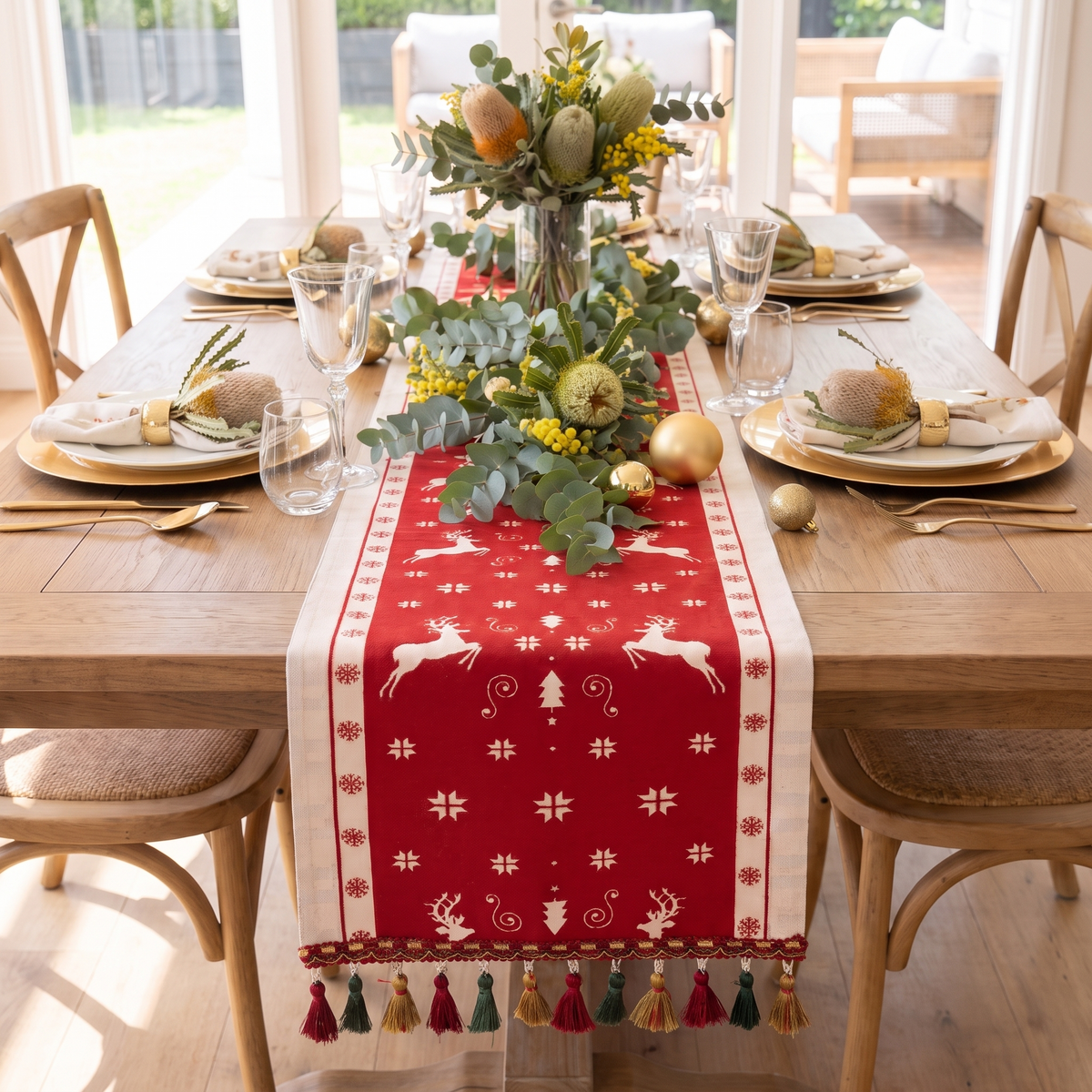 Merry Christmas Tassel Table Runner – full table from above