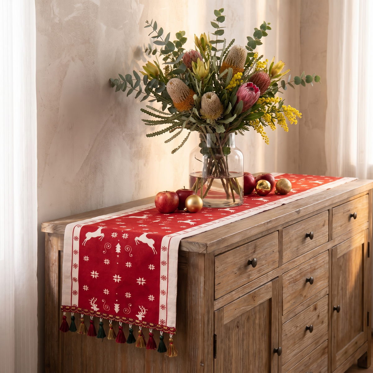 Merry Christmas Tassel Table Runner – styled on a sideboard